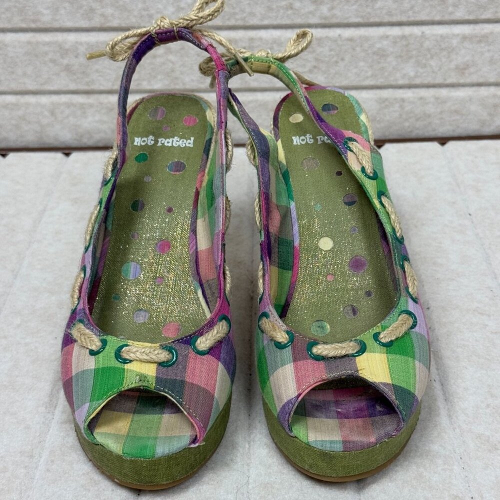 Not Rated Plaid Espadrille Wedge Sandals Peep Toe Slingback Women 8.5 - Picture 2 of 11